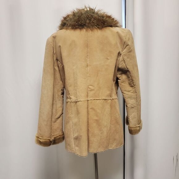 Vintage 90s y2k Penny Lane Style Tan Leather Faux Fur Collar Plush Jacket Md - Picture 3 of 7